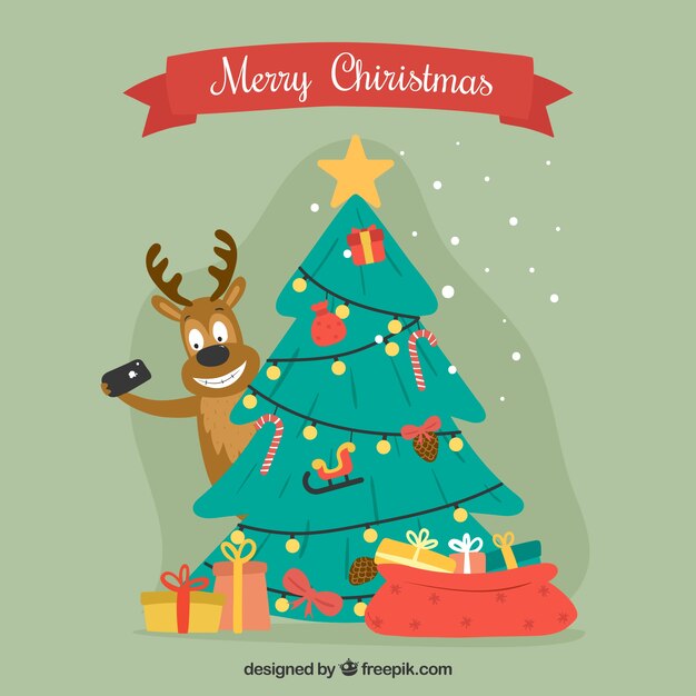 Decorative background with christmas tree and nice reindeer