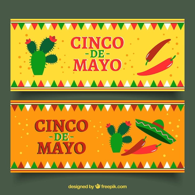 Free vector decorative banners with garlands and cactus for cinco de mayo