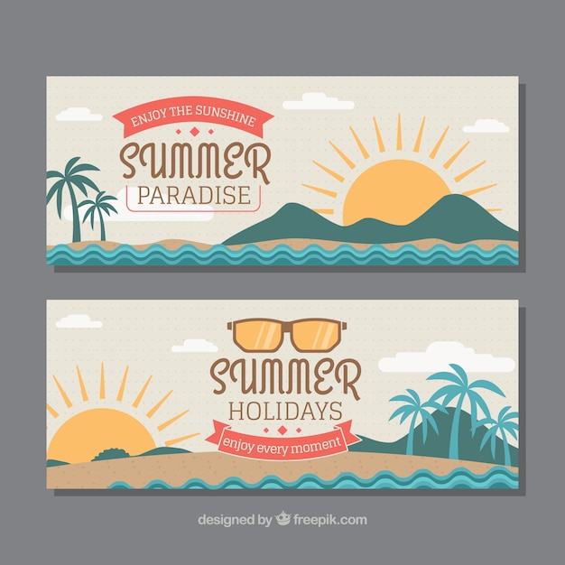 Decorative banners with suns and palm trees for summer