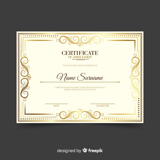 Vettore gratuito modello di certificato decorativo con elementi dorati