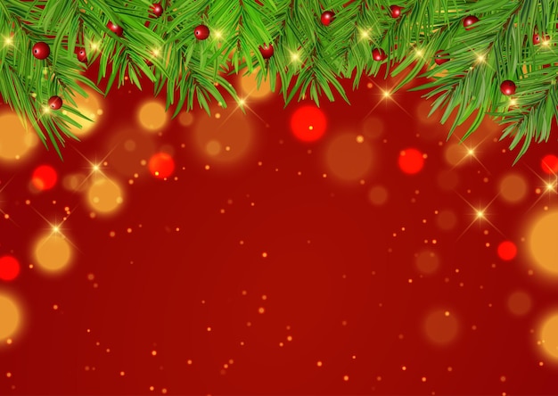 Decorative christmas background with tree branches and bokeh lights