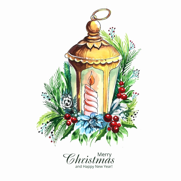 トウヒの枝カードのデザインにキャンドルと装飾的なクリスマスのランタン