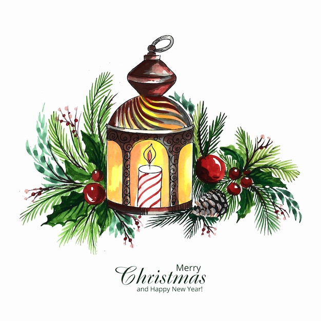 Decorative christmas lantern with a candle on spruce branch card design