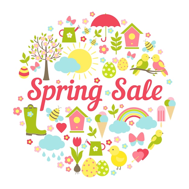 Decorative circular spring sale with a busy vector design depicting symbolic springtime favourites  easter and the weather in fresh pastel colors for business marketing and advertising  on white