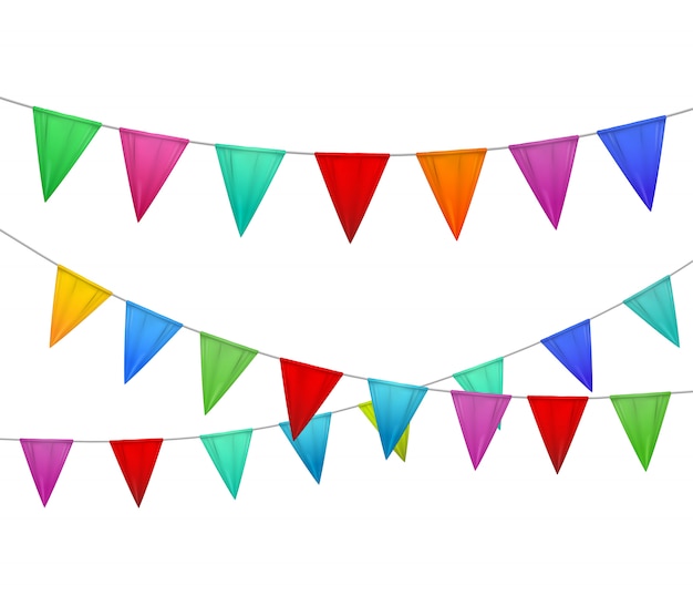Decorative colorful party slingers pennants red blue yellow orange pink against white background realistic image
