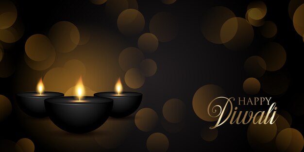 Decorative Diwali banner design with oil lamps and bokeh lights