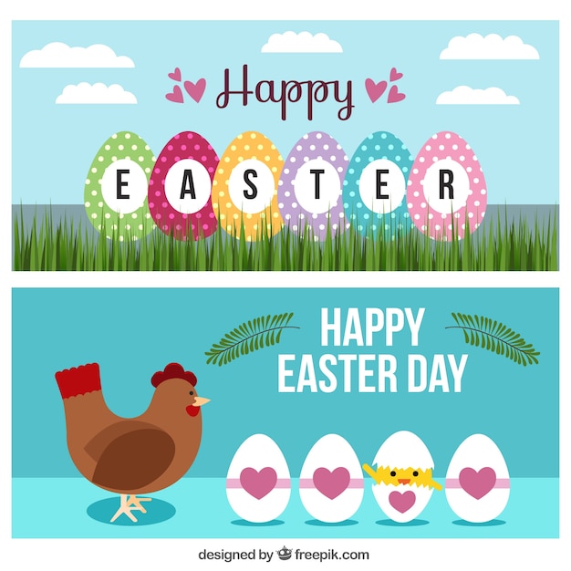 Free vector decorative easter banners with eggs and hen