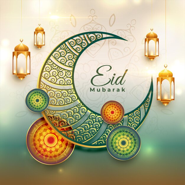 Decorative eid mubarak realistic greeting with moon and lanterns