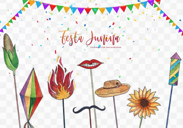 Decorative festa junina elements on watercolor transparent background