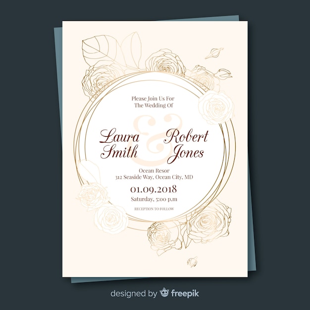 Decorative floral wedding invitation template with golden frame