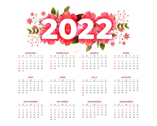 Free vector decorative flowers 2022 calendar design for new year