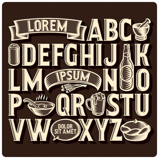 Decorative font with various food design elements