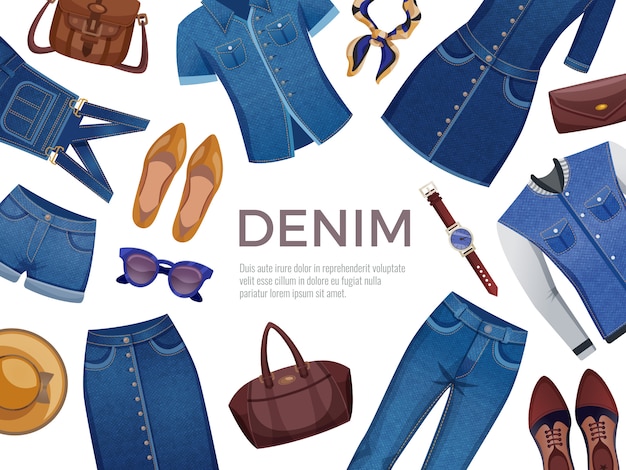 Vettore gratuito blocco per grafici decorativo dall'abbigliamento maschio e femminile del denim con gli accessori su bianco