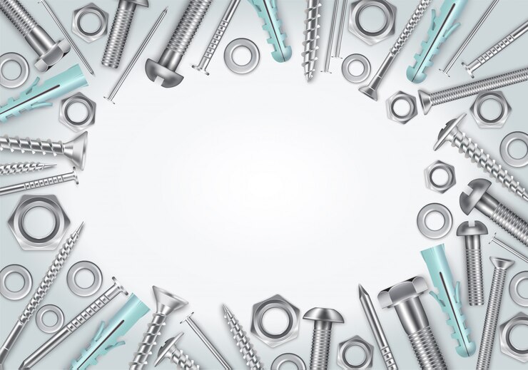 Free Vector decorative frame from realistic metal fasteners screws bolts nuts and nails on gray white