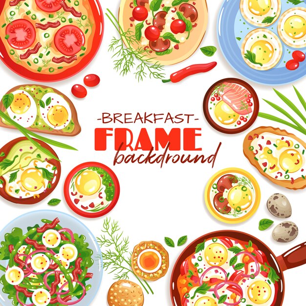 Decorative frame with colorful egg dishes for breakfast top view on white flat illustration