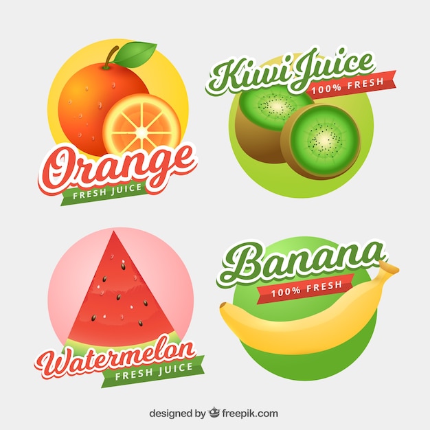 Декоративные этикетки фруктовых соков в реалистичном дизайне