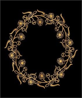 Декоративный золотой венок с цветочными мотивами. летняя золотая рамка с цветами и листьями. изолированная иллюстрация вектора.