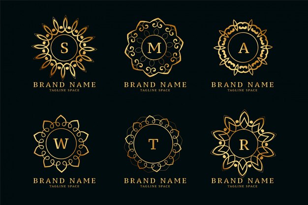 Декоративные золотые логотипы в стиле мандалы с набором инициалов