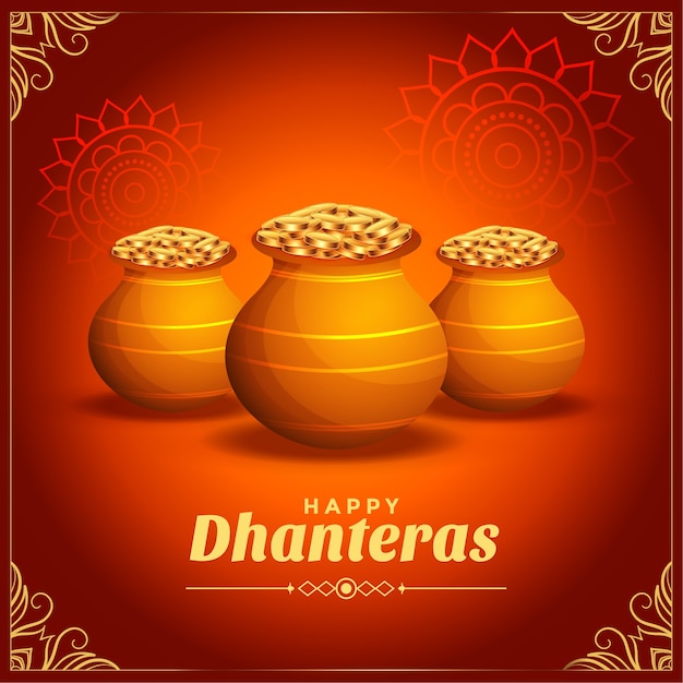 Decorative happy dhanteras festival card with golden coins pot