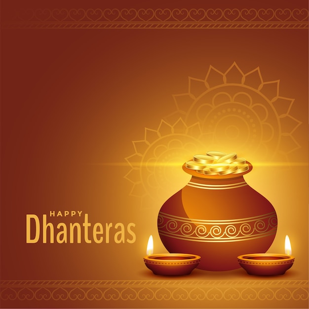 Decorative happy dhanteras golden background with kalash and diya