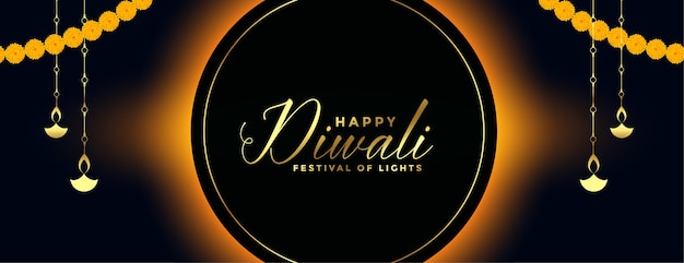 Free vector decorative happy diwali black and golden banner