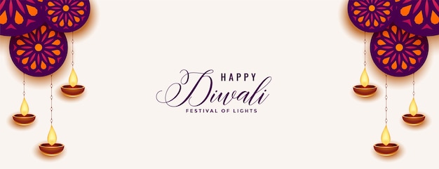 Decorative happy diwali white banner with diya design