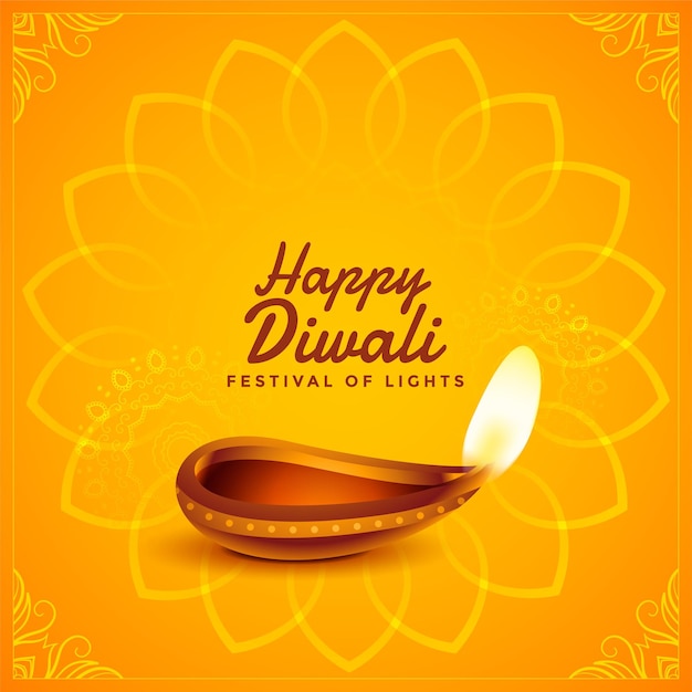 Decorative happy diwali yellow card with realistic diya