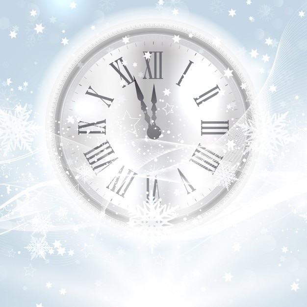 Free vector decorative happy new year background with clock nestled in snow