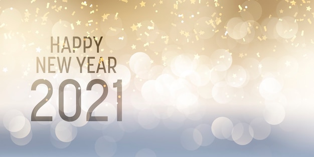 Decorative Happy New Year banner with bokeh lights and confetti design