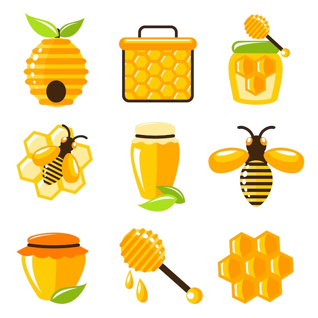 Decorative honey bee hive and cell food agriculture icons set isolated vector illustration.