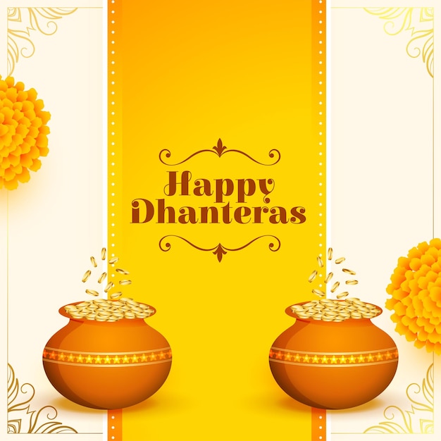 Free vector decorative indian festival dhanteras wishes background with coin pot and marigold vector