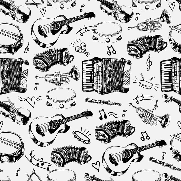 Декоративный музыкальный магазин оберточная бумага бесшовные модели с классическими струнами перкуссия джазовые инструменты каракули эскизы векторные иллюстрации
