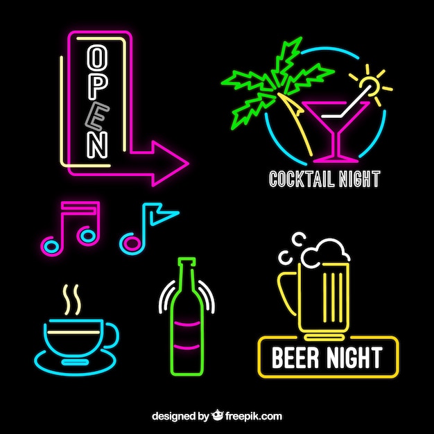 Free vector decorative neon lights placards with different colors