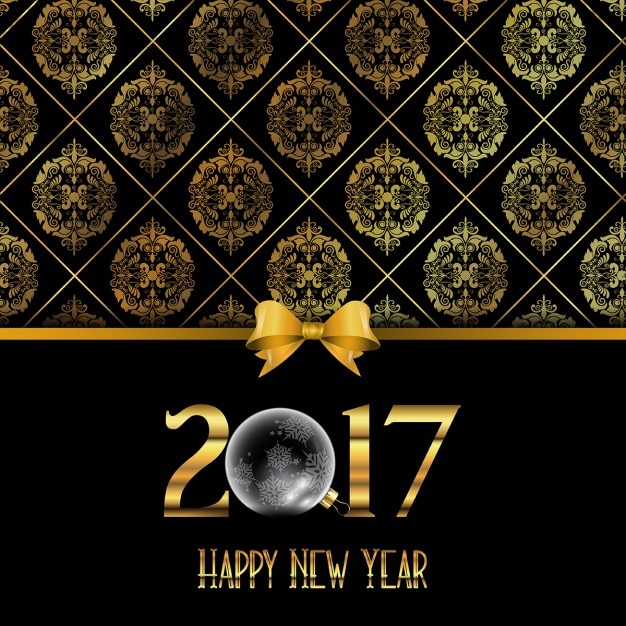 Decorative sfondo felice anno nuovo con disegno in oro stile damasco