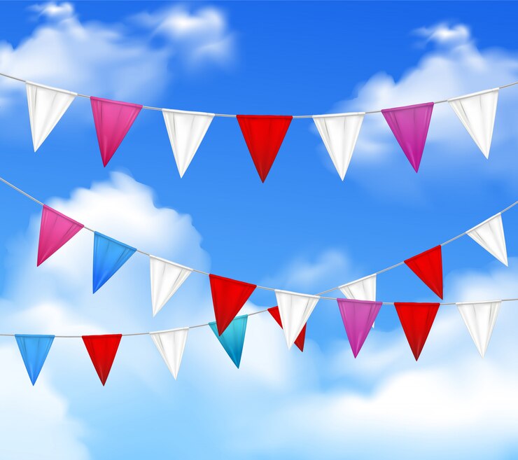 Free Vector decorative outdoor party slingers pennants red white pink against blue cloudy sky realistic closeup image