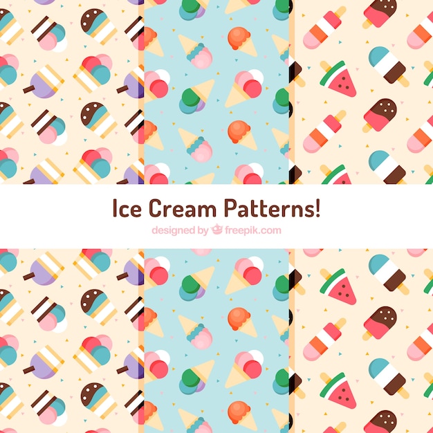 Decorative patterns of ice cream in flat design