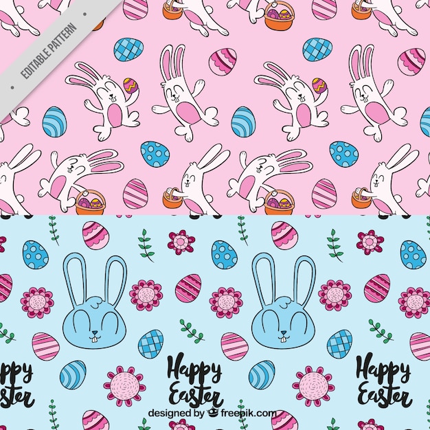 Free vector decorative patterns with cute rabbits and eggs for easter day