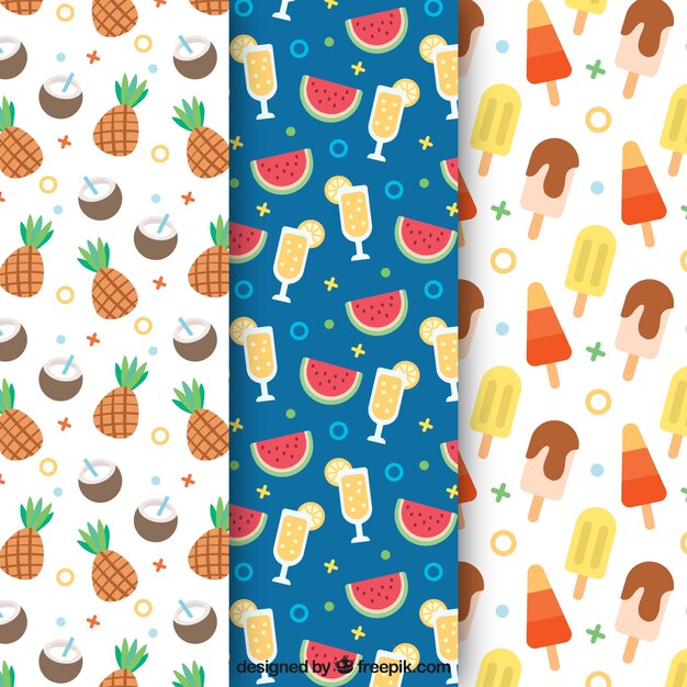 Decorative patterns with ice creams and summer fruits