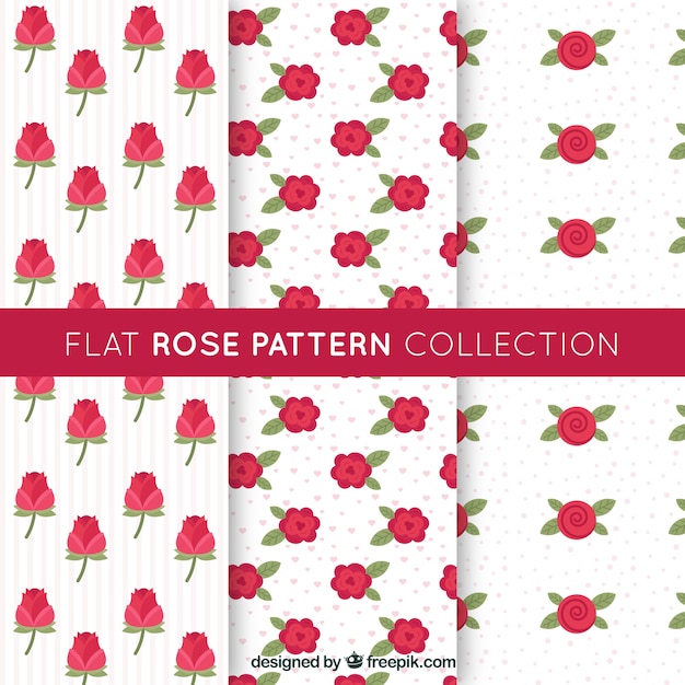 Decorative patterns with red roses in flat design