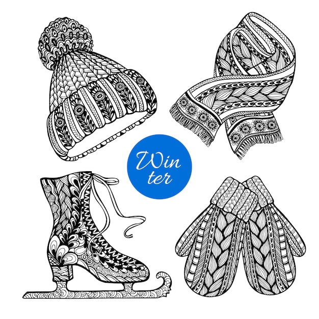 Free vector decorative skates mittens scarf doodle icons