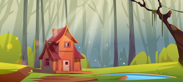 Free vector deep forest with wooden house and pond vector cartoon illustration of summer woods landscape with forester cottage on glade green grass and bushes tree trunks and path