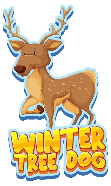 Free vector deer cartoon character with winter tree dog font banner isolated