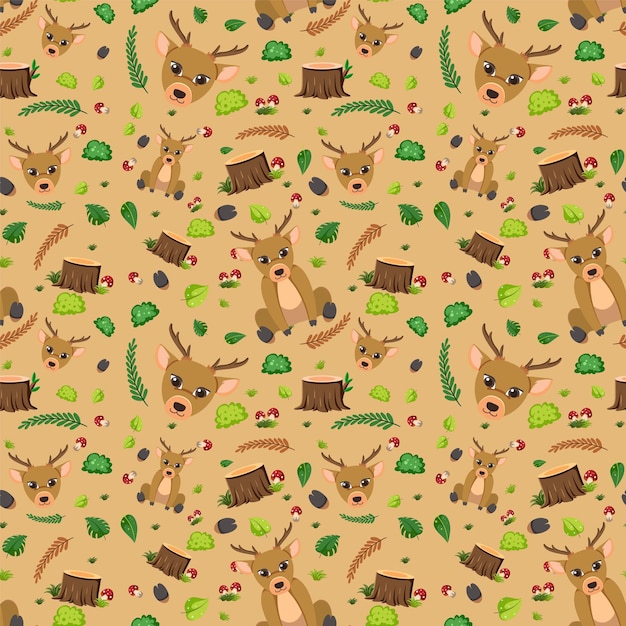 Free vector deer cute animal seamless pattern