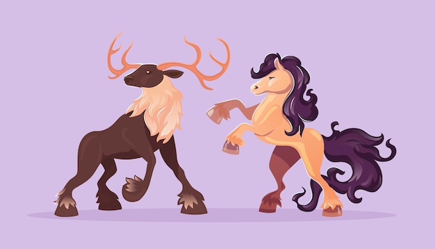 鹿と馬、野生の有蹄動物。枝角と美しいたてがみと尾を持つマスタングと雄大なクワガタのベクトル漫画セット。スタリオンの飼育と紫色の背景に分離された大きなトナカイ
