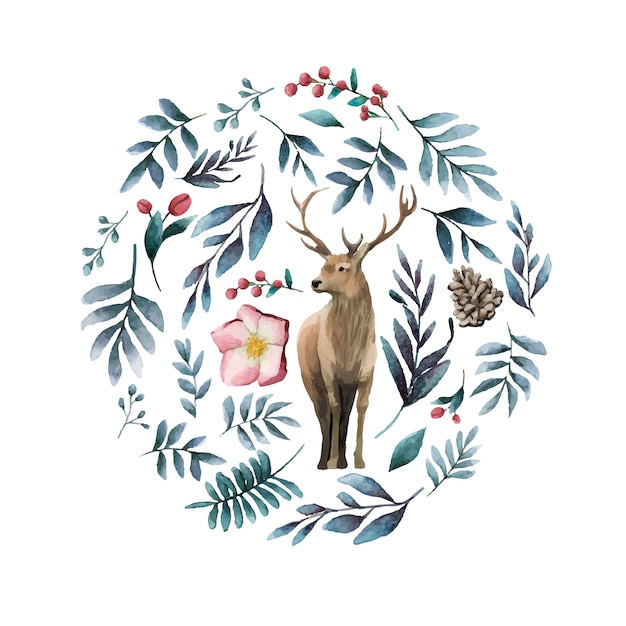 Deer surrounded by winter bloom watercolor vector