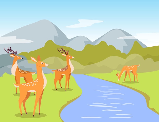 Deer at watering hole cartoon illustration