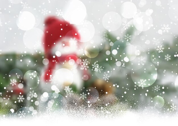 雪の結晶のデザインで焦点がぼけたクリスマス雪だるまの背景