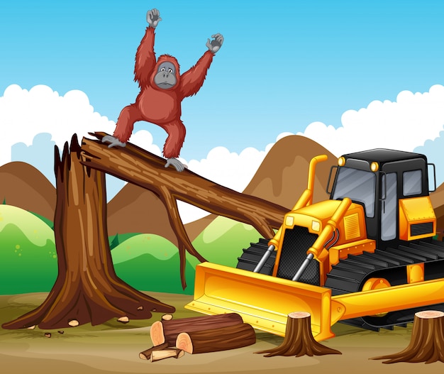 Scena di deforestazione con scimmia e bulldozer