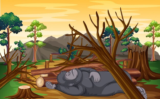 Deforestation scene with monkey dying 