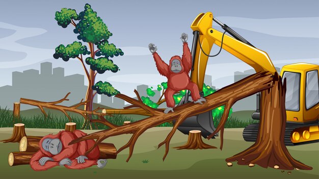 Deforestation scene with tractor cutting trees